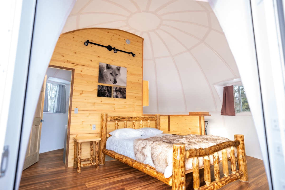 Rustic log bed in bright dome bedroom